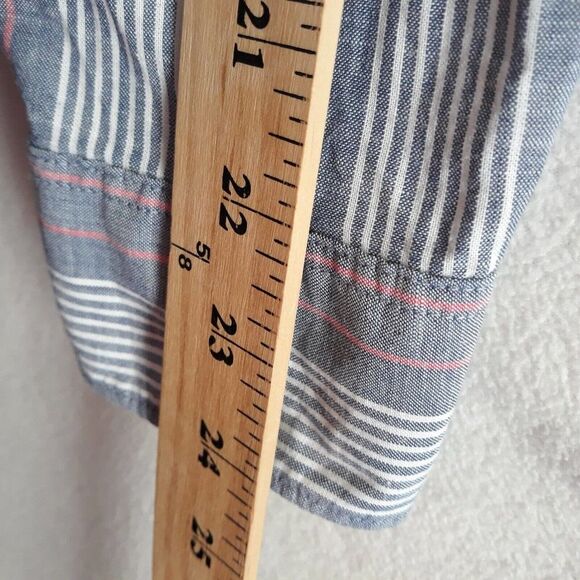 LL Bean Button Down Shirt Women Large Blue White Peach Stripes Long Sleeve - Picture 8 of 10